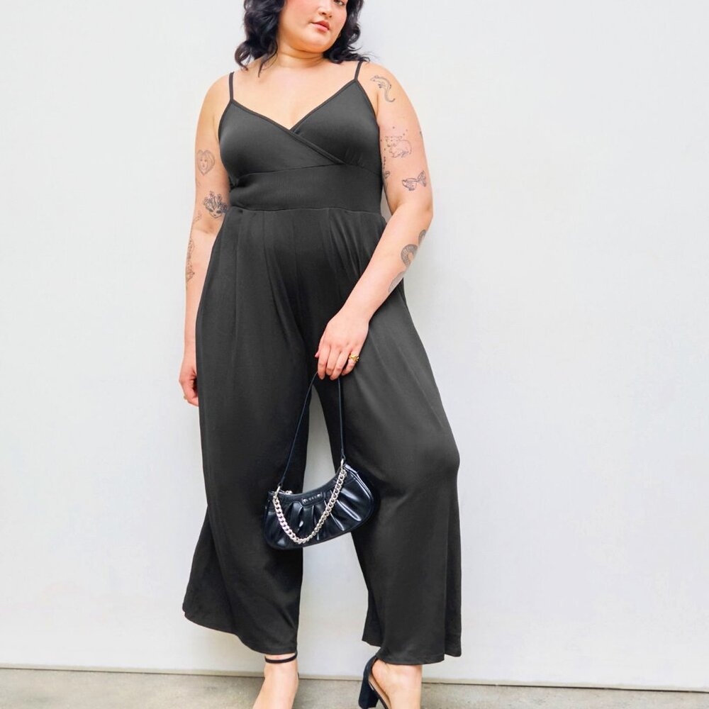 Cider - Black Ribbed V-neck Cami Wide-Leg Jumpsuit